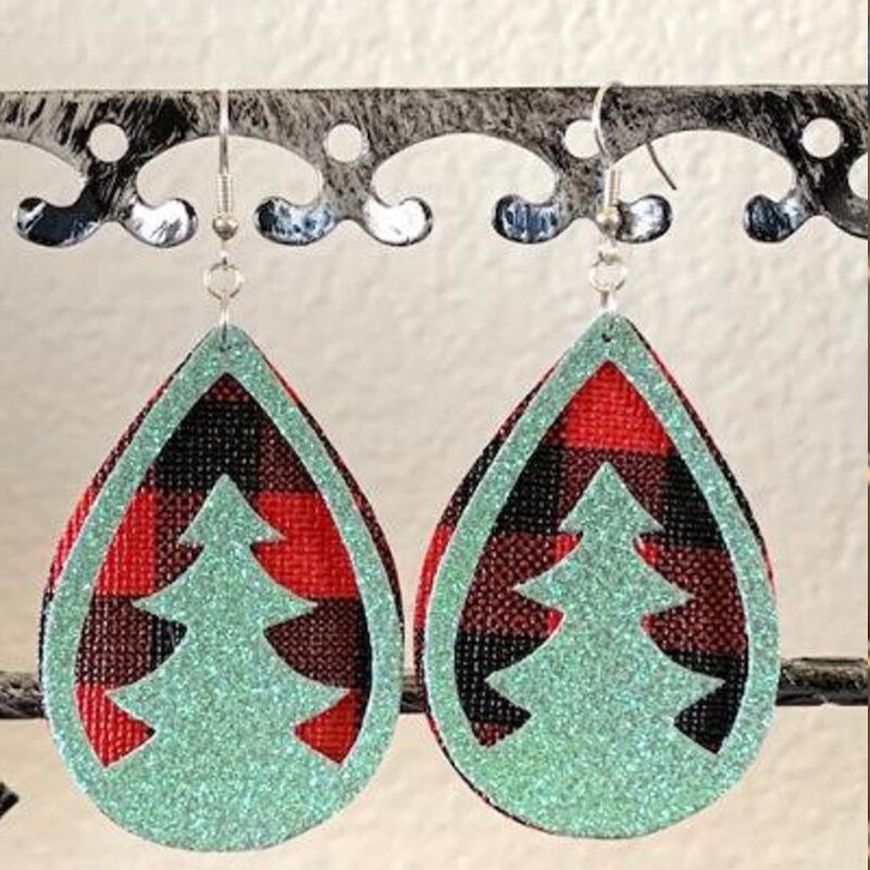 Boucles d'oreilles Arbre de Noël en Cuir Rouge à Carreaux Européennes et Américaines Vintage en Forme de Goutte avec Pendentif à Paillettes