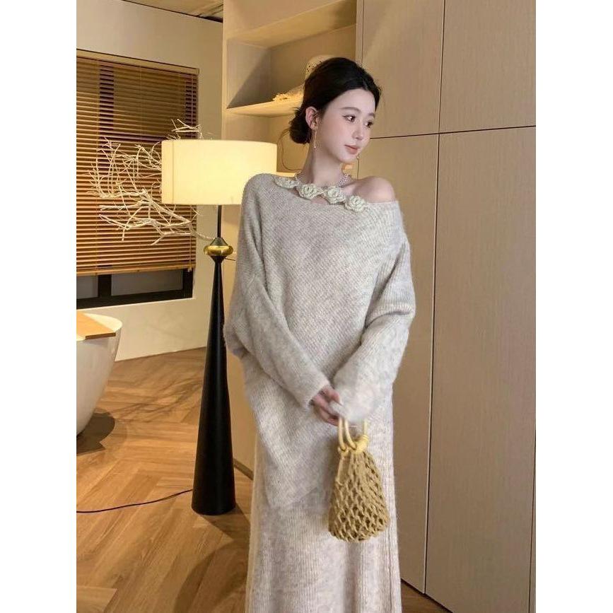 Elegant French 3D Floral Knit Sweater & Midi Skirt Set