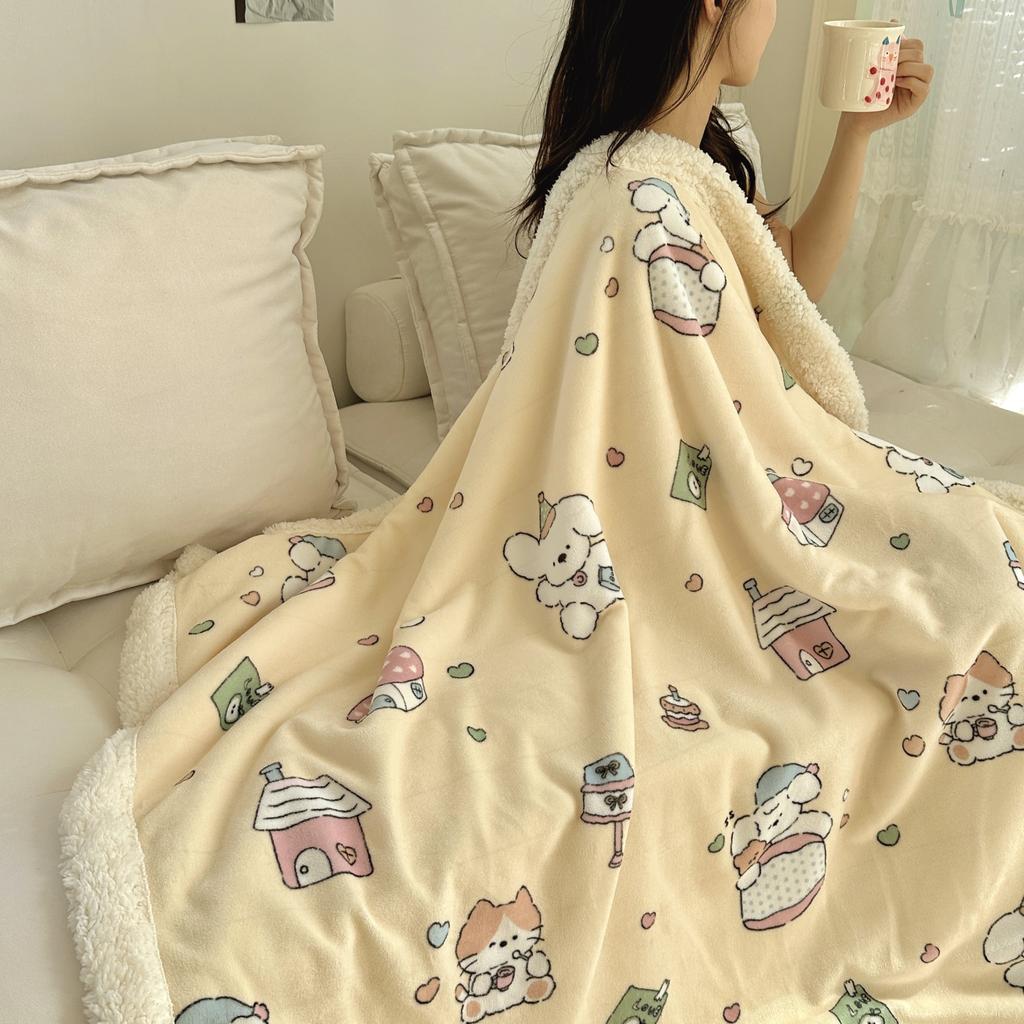 Cartoon Puppy Faux Lambs Wool Blanket Double Layer Thick Warm Fleece Throw Blanket for Sofa Bed Spring Autumn Soft Plush Blanket