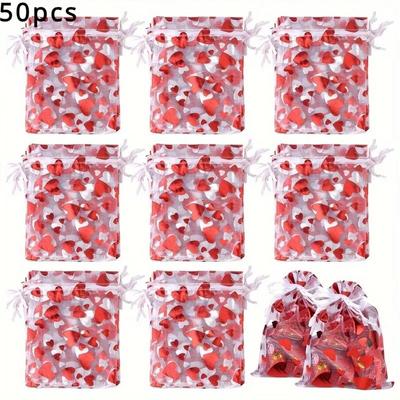 50 Stück/Beutel Valentinstag-Liebes-Pfirsich-Herz-Verpackung, Netz-Schmuckbeutel, kosmetische Aufbewahrungstasche mit Kordelzug