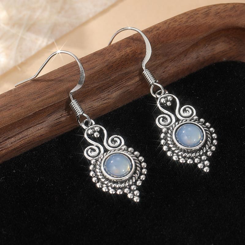 Vintage Moonstone Inlaid Punk Style Silvery Plated Dangle Earrings Women's Exquisite Elegant Banquet Wedding Jewelry Accessories