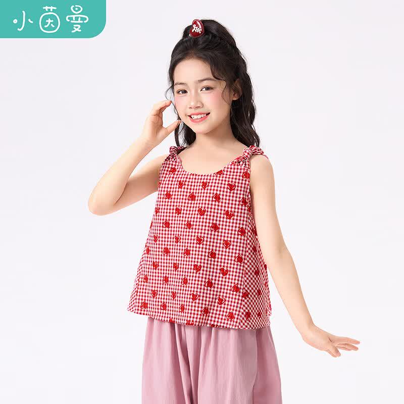 Girls Red Plaid Print Sleeveless Shirt 9-10Y