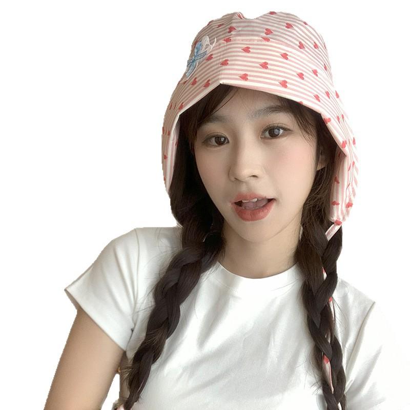 New Sweet Love Striped Fisherman Hat for Women In Spring and Summer Shopping Japanese Sweet and Versatile Face Showing Little Bee Lied Fisherman Hat