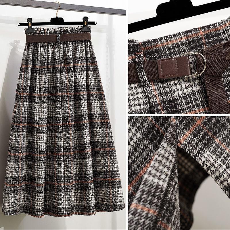Women's Elastic High Waist Plaid Midi Skirt A Line Irregular Hem Woolen Skirt Vintage Retro Belted Bottoms 2026 Fall Plus Size Casual Skirt