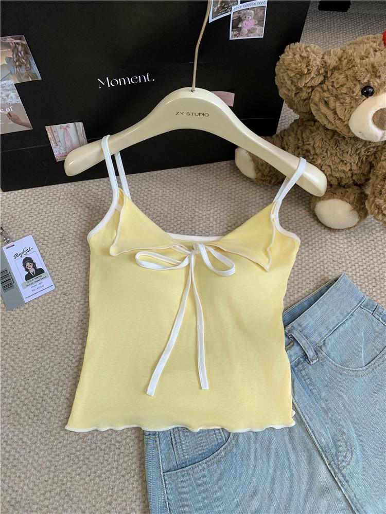 

2024 Летний Женский Сексуальный Контрастный Топ-Камисоль с Бантом и Нагрудными Подушечками One Size