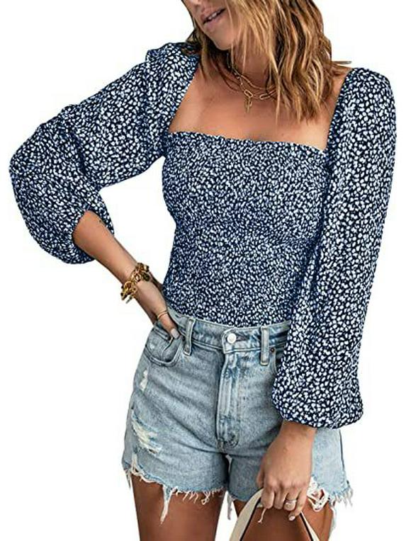 European-American Square Neck Long Sleeve Slim Fit T-Shirt: Women's New Spring Style Waist-Hugging Top