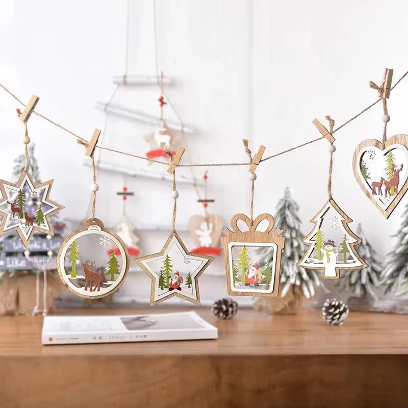 5 Christmas Decorations Wooden Christmas Hollow Christmas Tree Pendant Christmas Atmosphere Decoration Elk Snowman Pendant