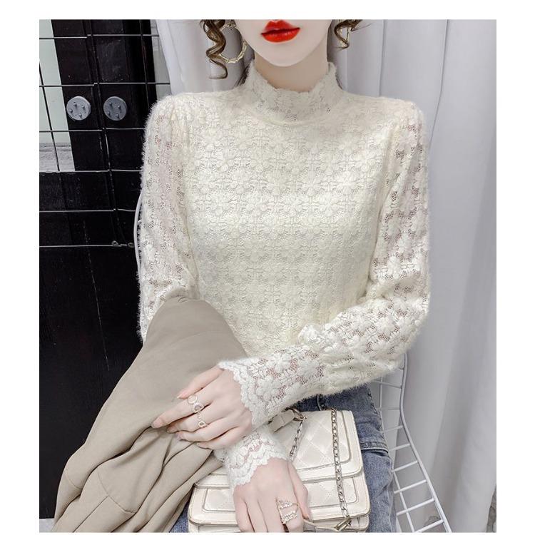 

Кружевная рубашка для женщин, утолщенная и плюшевая, полувысокий воротник, модная и элегантная, осенне-зимняя нижняя одежда XL абрикосовый