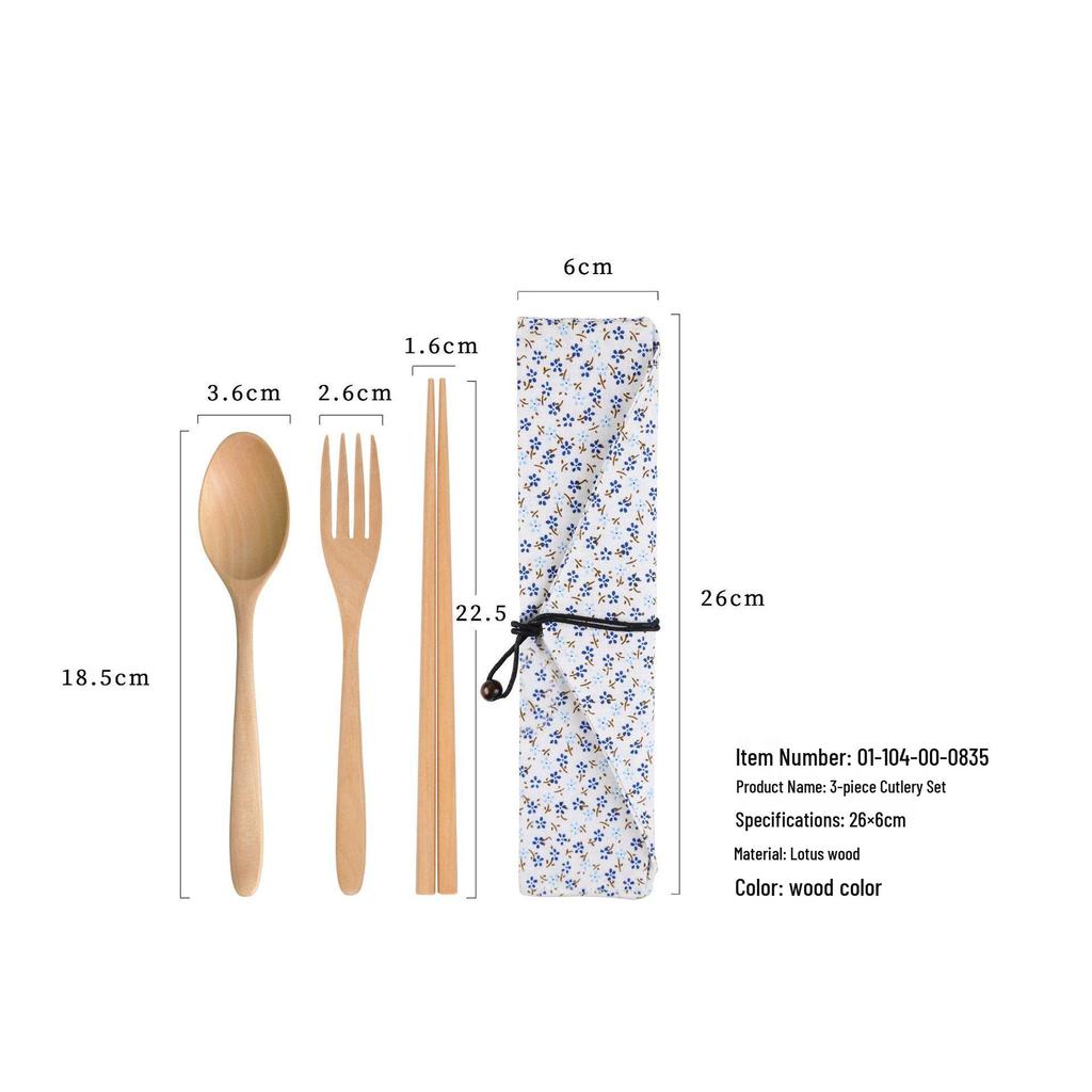 YFJY Japanese Style Wooden Chopsticks, Spoon & Fork Set for Students and Children with Cloth Bag - Three-Piece Tableware Set