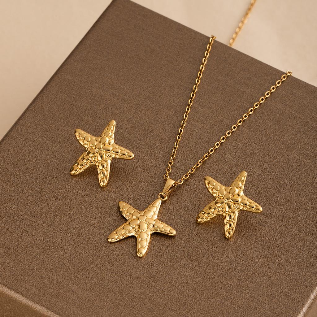 French Retro Light Luxury Metal Style Geometric Star Pearl Stud Earrings Necklace Set High-End Niche Earrings