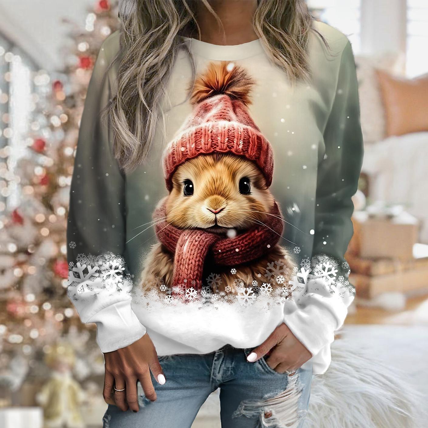 

Уродливый рождественский свитшот, женский свитшот, пуловер, спортивная одежда с принтом кота, праздничный принт, футболка Y2k, повседневный топ с круглым вырезом и длинными рукавами XL