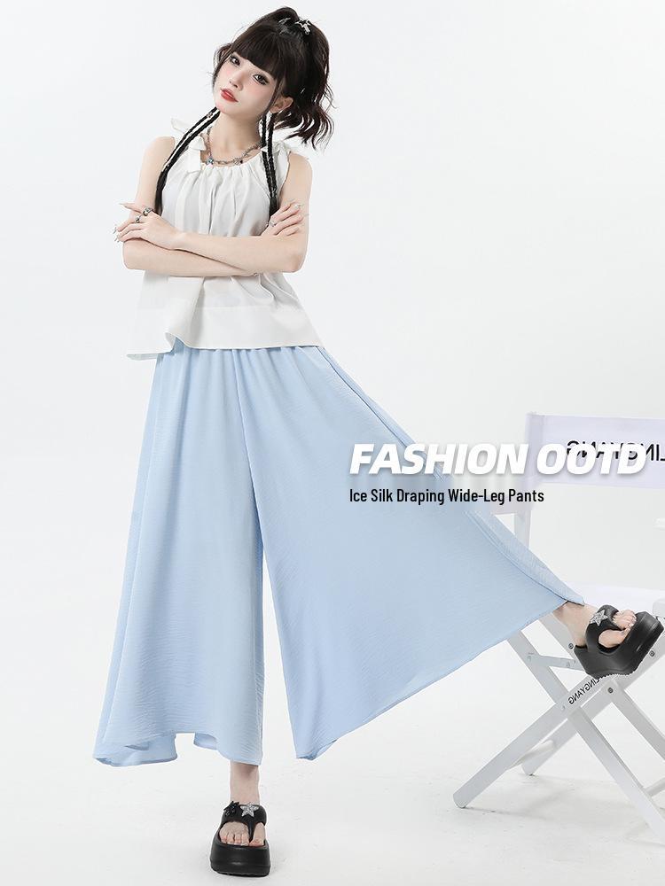 Pleated A-Line Cotton Linen High Waist Wide Leg Culottes Skirt Pants