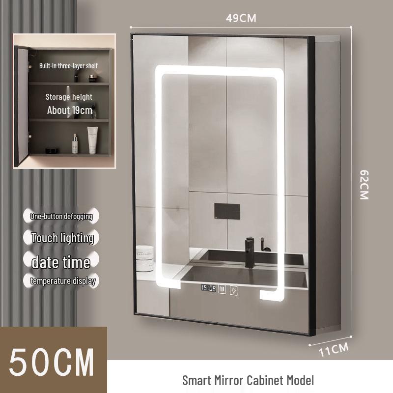 40cm x 50cm Space Aluminum Smart Mirror Cabinet with Lights & Defogging, Punch-Free Wall-Mounted for Small Bathrooms