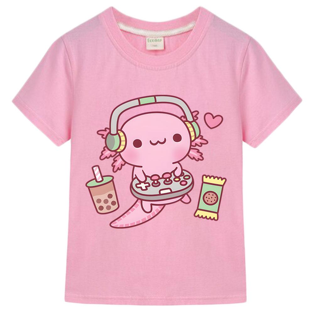 Summer Pink Axolotl Print Love T-Shirt Sports Short Sleeve Top Children's Holiday Gift Cute Style Top