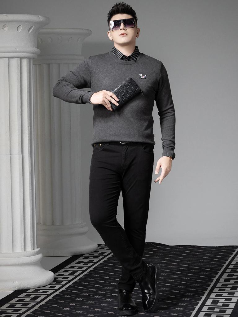 European Style 2025 New Fake Two-Piece Sweater for Men, Autumn and Winter Trendy Brand Badge Shirt Collar Knitwear Men's Sweater