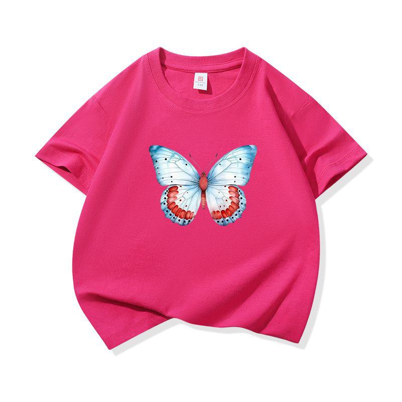 Kids Cotton T Shirt Light Blue And Red Butterfly Print Crew Neck Short Sleeve Tee Casual Boys Girls Summer Tops