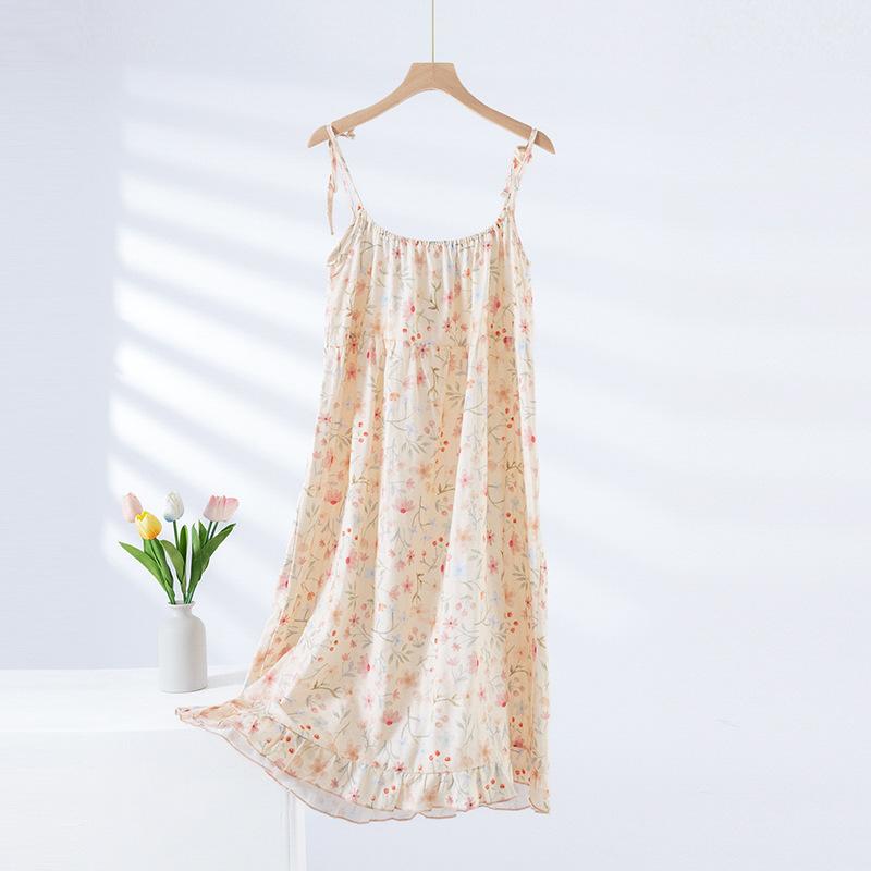 2026 Nueva Falda de Dormir de Verano para Mujer 100% Algodón Sin Sujetador Tirantes Finos Estampado Floral Grande Vestido de Verano Ropa de Dormir Mujer