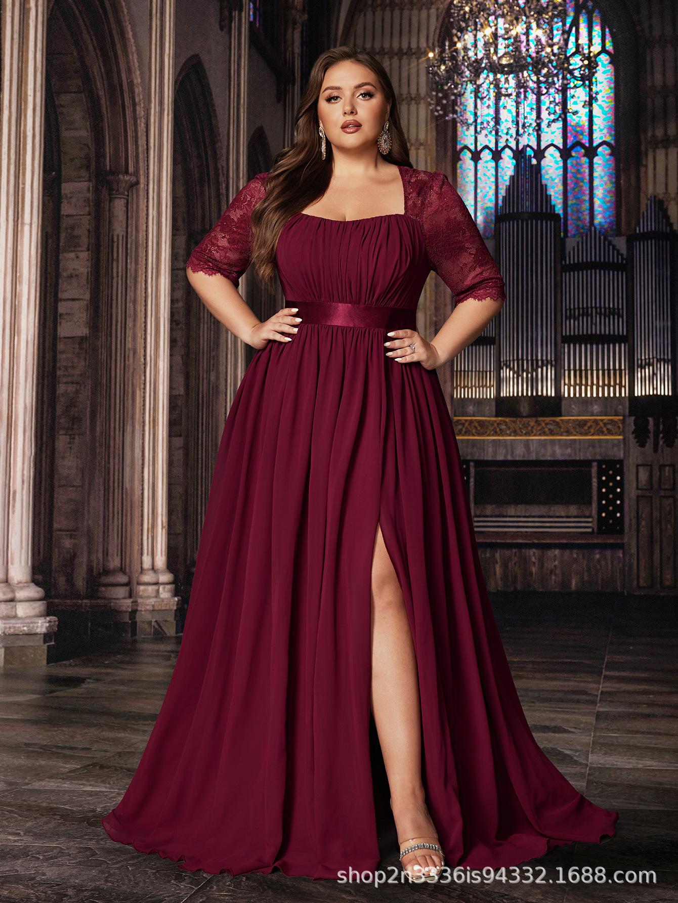 

Elegant Wine Red Lace Dress, 2025: Waist-Cinched, Slimming, Large Hem with Slit, Perfect for Banquets XL вина червоного кольору