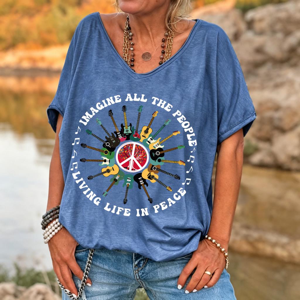 Ilstile Damen Imagine All The People Gitarre Frieden T-Shirt Retro Hippie Musikdruck V-Ausschnitt Lockerer Schnitt Lässiges Sommer Oberteil
