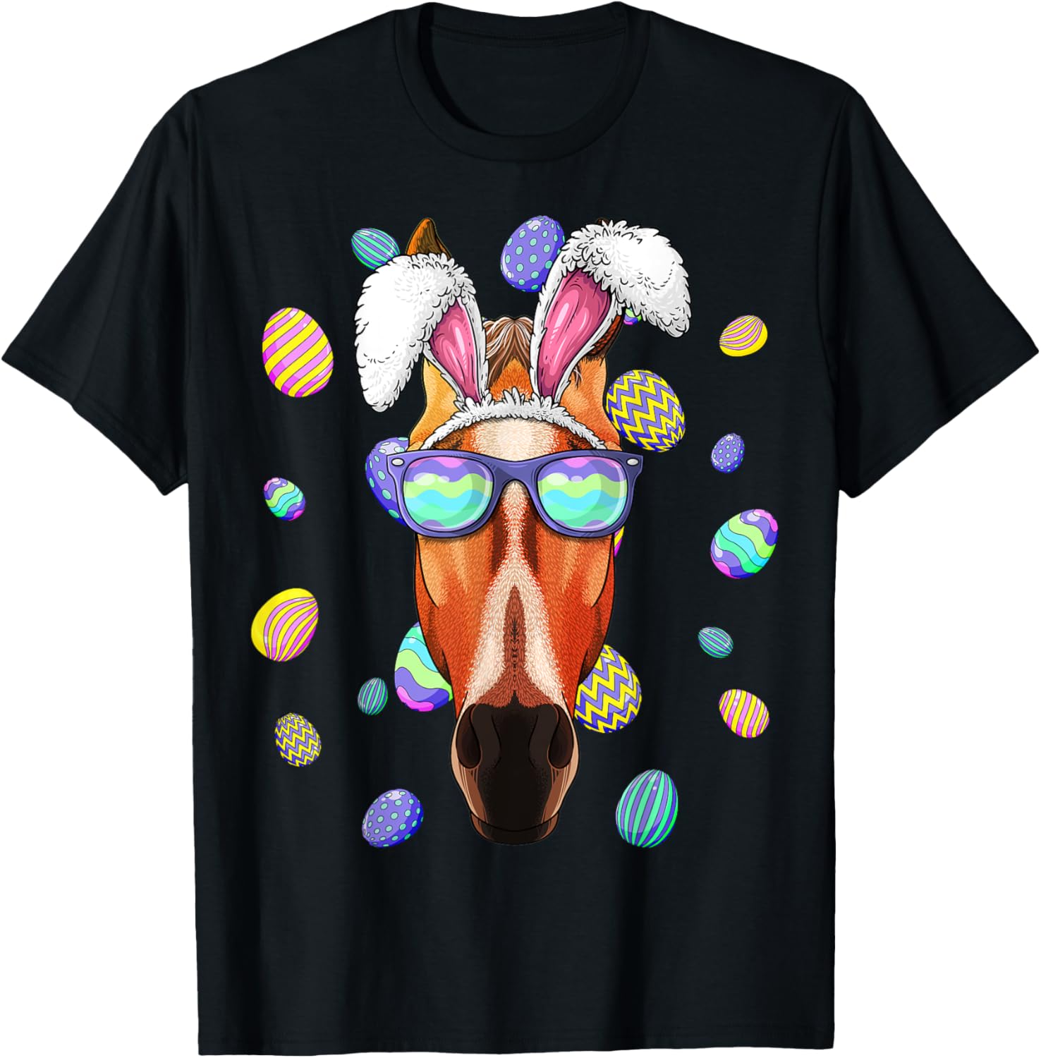 

Funny Horse Easter Bunny Ears Graphic Tee Cool Sunglasses Eggs Hunting Casual T-Shirt 4XL
