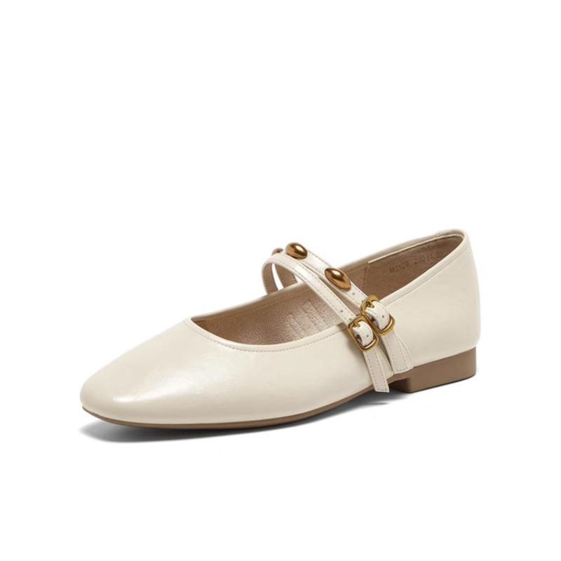 

Double buckle with retro square head shoes women s autumn new flat-bottomed small leather shoes with skirts and shallow single shoes 40