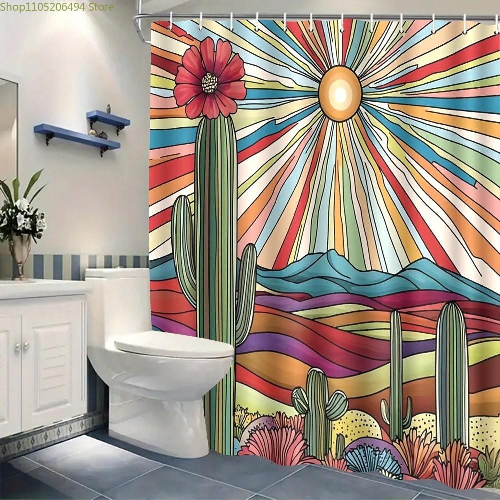 1pc Desert Cactus Themed Shower Curtain | 180x180cm Polyester, Retro Psychedelic Style, Vibrant Colorful, Includes 12 Hooks, F