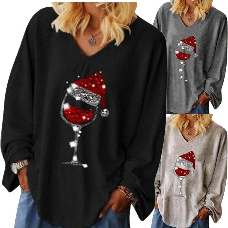 Christmas Wine Womens Glass Tee Tshirt Vneck Long Sleeve Pullover Tops Blouse
