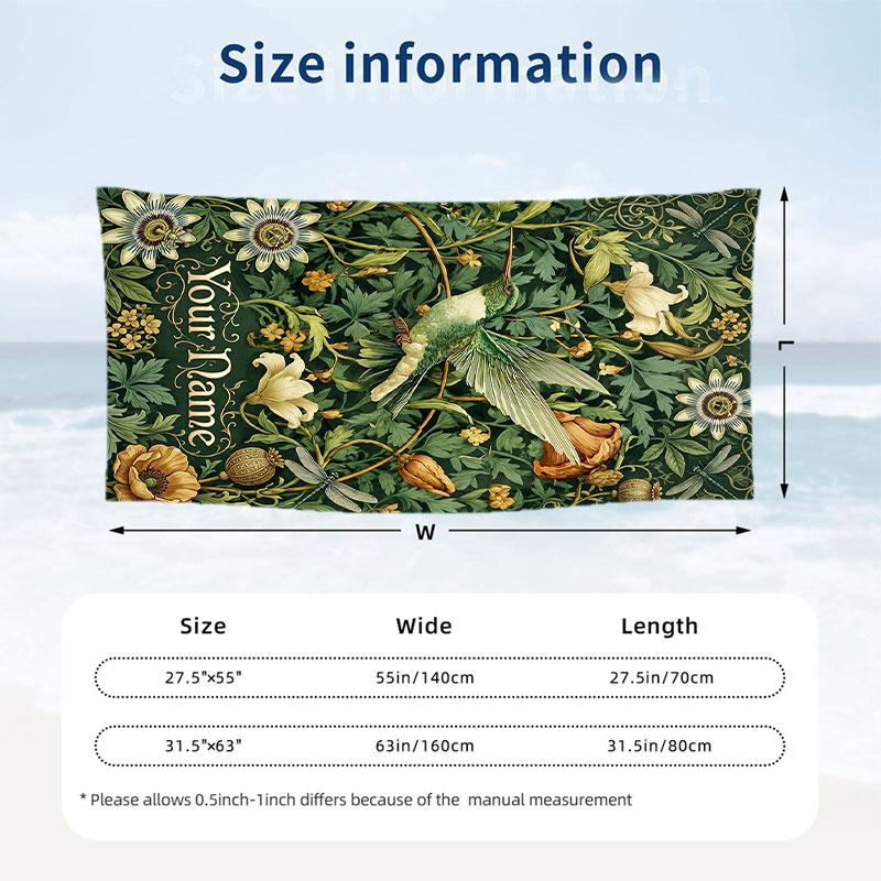 Hummingbird Garden Fantasy 3 Theme Quick Dry Beach Towel Custom Name Text Print Large Sand Resistant Towel Beach Vacation