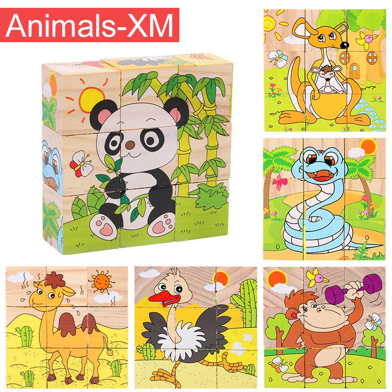 Quebra-cabeça de Madeira Seis Lados Pintados Tridimensional Trânsito Animal Quebra-cabeça Blocos de Construção Brinquedos Montessori de Educação Infantil TMZ