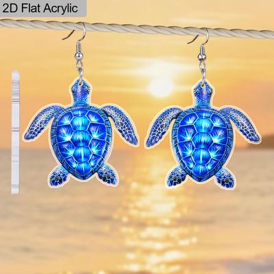 Boucles d'oreilles pendantes tortue bleue en acrylique plat 2D, Conviennent comme cadeau de vacances pour femmes, Bijoux décoratifs pour soirée de vacances, Bijoux marins hawaïens rétro.