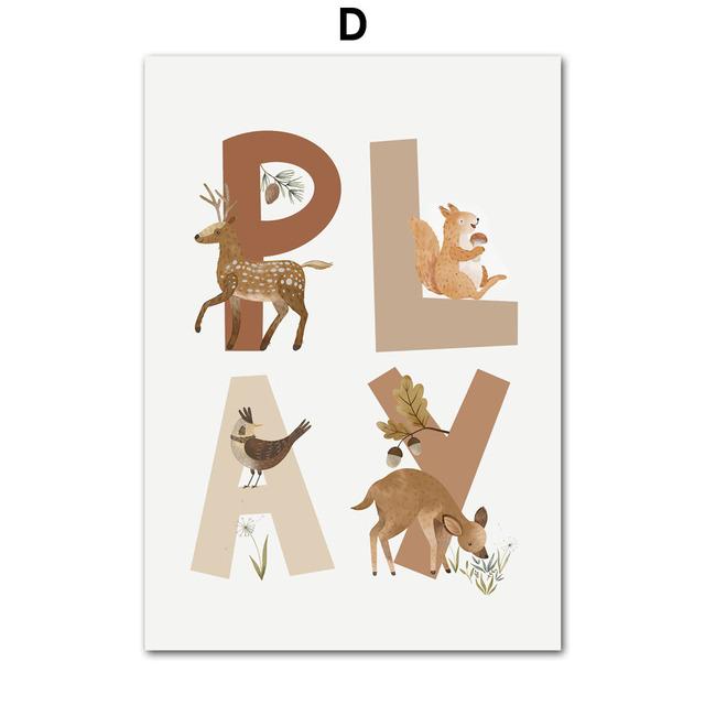 Animal Toddler Education Rainbow Deer Fox Bear Number ABC Poster Prints Canvas Art Wall Decoration Home Paintings Baby Kids Room