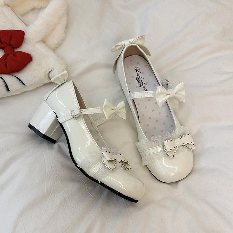 Plus Size Women's Shoes Round Toe Shallow Mouth Bow Mary Jane Small Leather Lace Fashion Square Heel Single Shoes