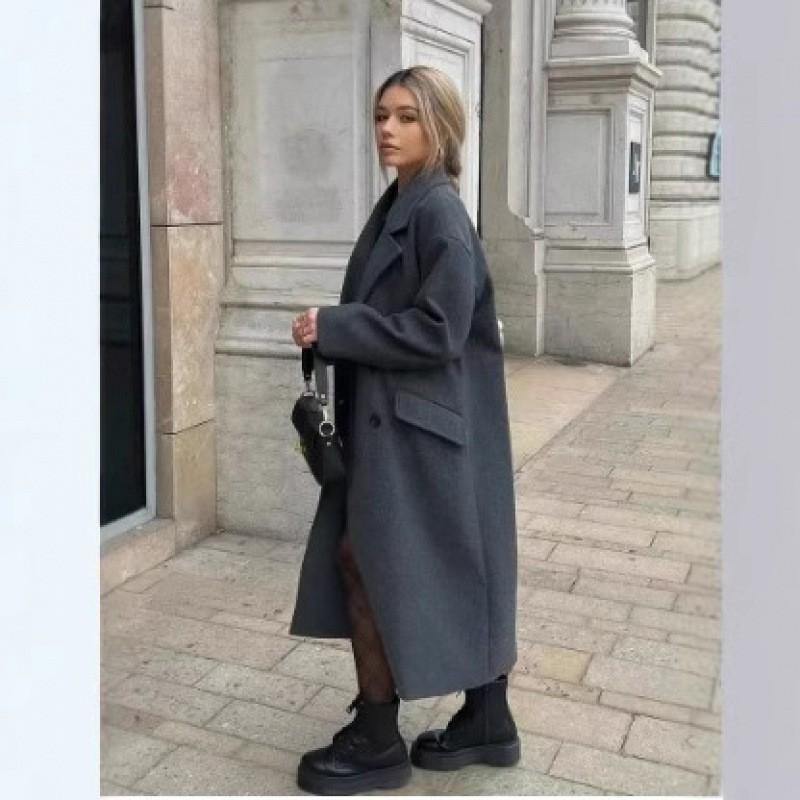 Womens Wool Blend Oversized Trench Coat Longline Casual Outerwear In Black Khaki Beige Gray