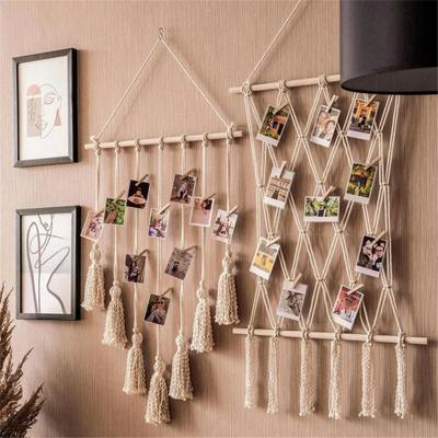 Hanging Photo Display Room Boho Decor Macrame Wall Hanging Pictures Organizer Cards Holder with 10 Wooden Clips for Decoration
