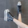 Fashion Autumn Winter 2025 Women's Vintage High-top Canvas Sneakers In Distressed Denim with Thick Platform Wedges and Super High Heels