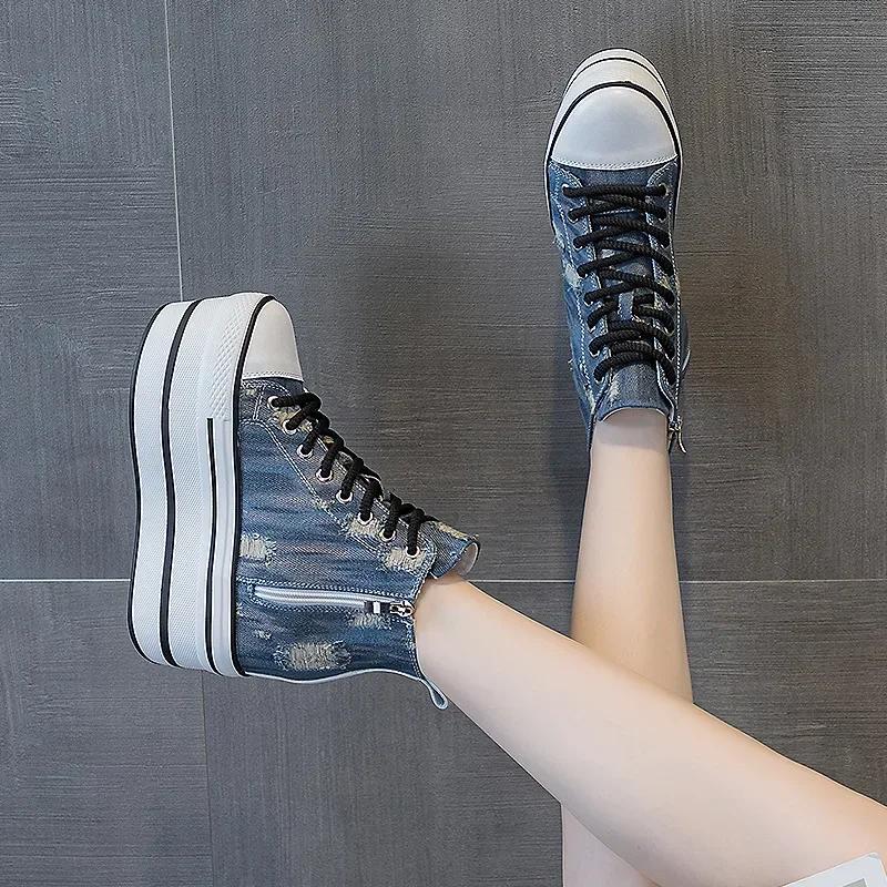 Fashion Autumn Winter 2025 Women's Vintage High-top Canvas Sneakers in Distressed Denim with Thick Platform Wedges and Super High Heels