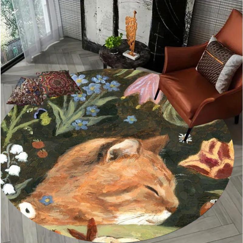 Artistic Cat Round Rug Oil Painting Style Home Decor Animal Pattern Carpet Soft Non-Slip Floor Mat for Living Room Bedroom