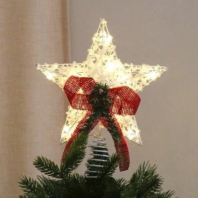 3D Glitter Star Christmas Trees Topper Iron Light Up Xmas Tree Ornament Party Decoration Hollow Snowflakes Glowing Tree Topper