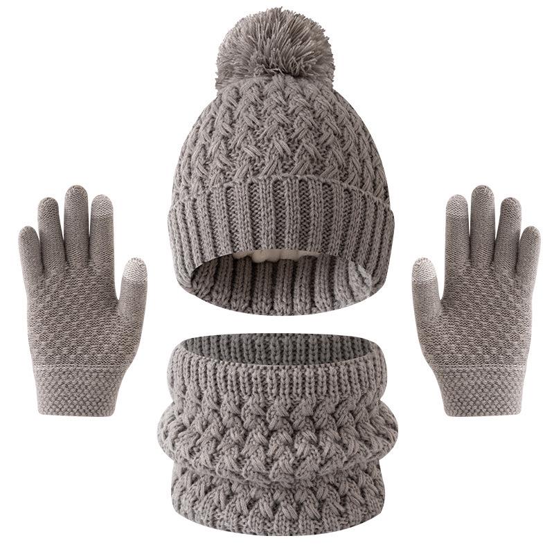 Europäisches & Amerikanisches Kinder Herbst/Winter Plus Samt Bommelmützen, Schal & Handschuhe Set