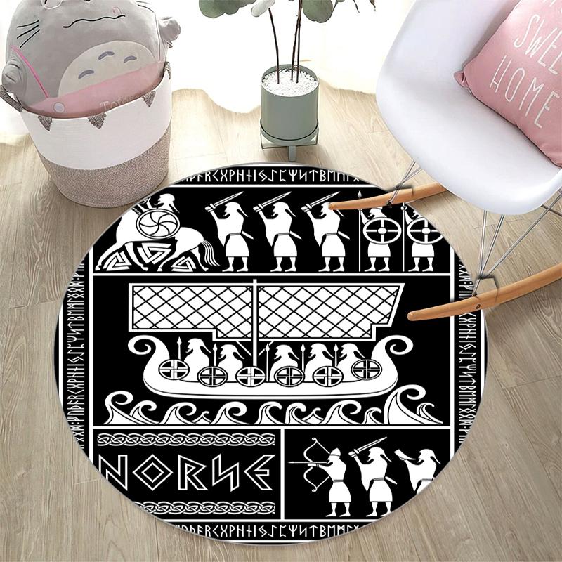 1Pc Viking theme Printed circular carpet, home door mat, outdoor travel protection carpet A4