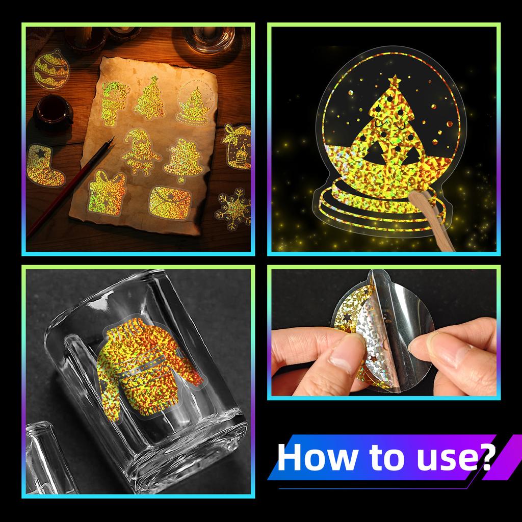 100 PCS Holographic Christmas Stickers - Gold PET Decals for Gifts, Journals, Glass Decor