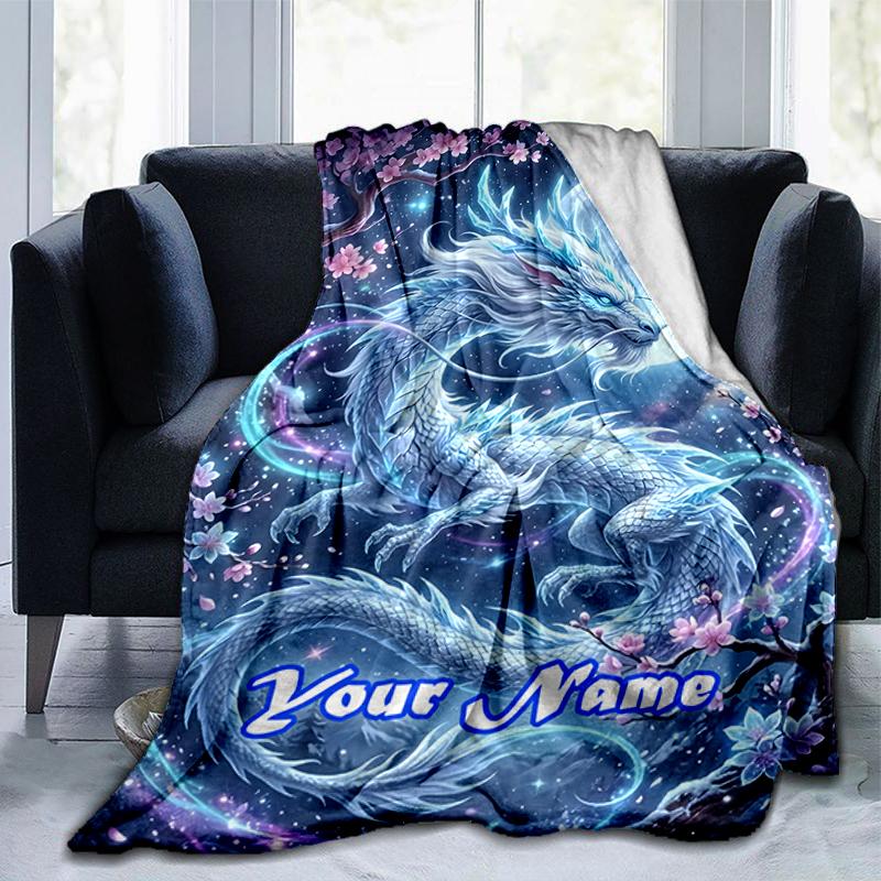 1PC Custom Name Ethereal Dragon Moonlit Night outdooor Flannel blankets Throw Blanket All-Season Throw Gift Bedspread for Couch, Bed, Camping Holiday