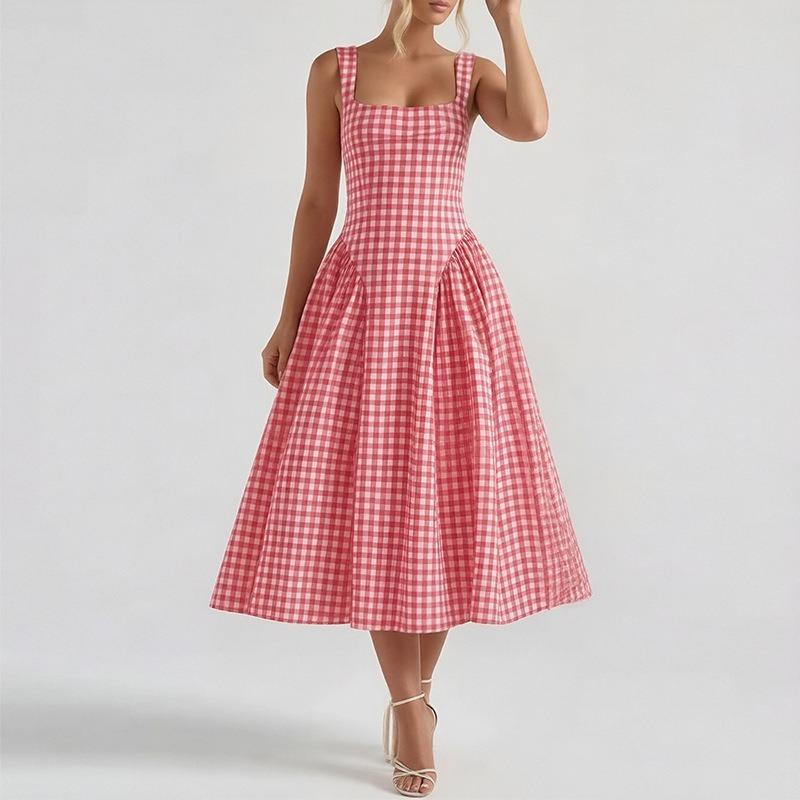 Plaid Printed Spaghetti Strap Sexy A Line Dress Women Elegant Summer Dress Backless Party Midi Dress Vestidos