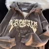 Y2K Embroidered Letter Hoodies Women Loose Long Sleeve Zip Up Hooded Sweatshirts Autumn Winter Vintage Harajuku Jacket Clothes