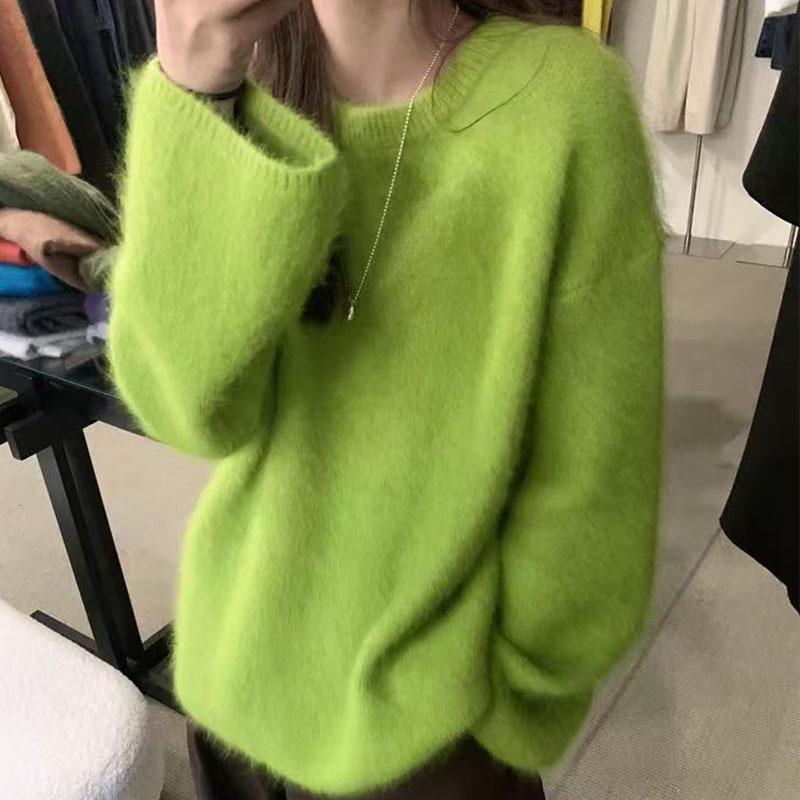 Weicher milchtoniger gurkengrüner Damen-Plüschpullover 2026: Gemütlicher Herbst-Strickpullover im lockeren Schnitt One Size grün