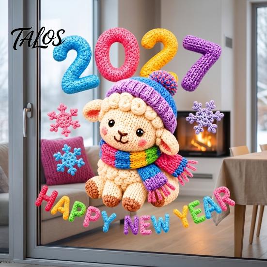 Commercial Store New Year Decor Chinese Window Stickers, 2027 Goat Static Clings, Reusable Decorative Glass Film Crochet Knit Lamb Decals, for