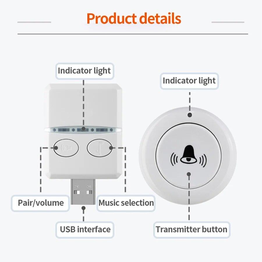 Bezdrátový zvonek pro domov venkovní USB zvonek DC 5V RF433 MHz Párování Dálkové ovládání 30 Melodií Nastavení hlasitosti Hovor pro péči o lůžko