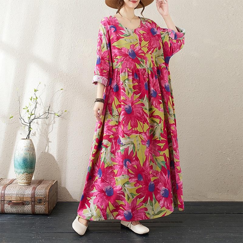 Long Sleeve Plus Size Cotton Linen Vintage Floral New In Dresses for Women Casual Loose Spring Autumn Dress