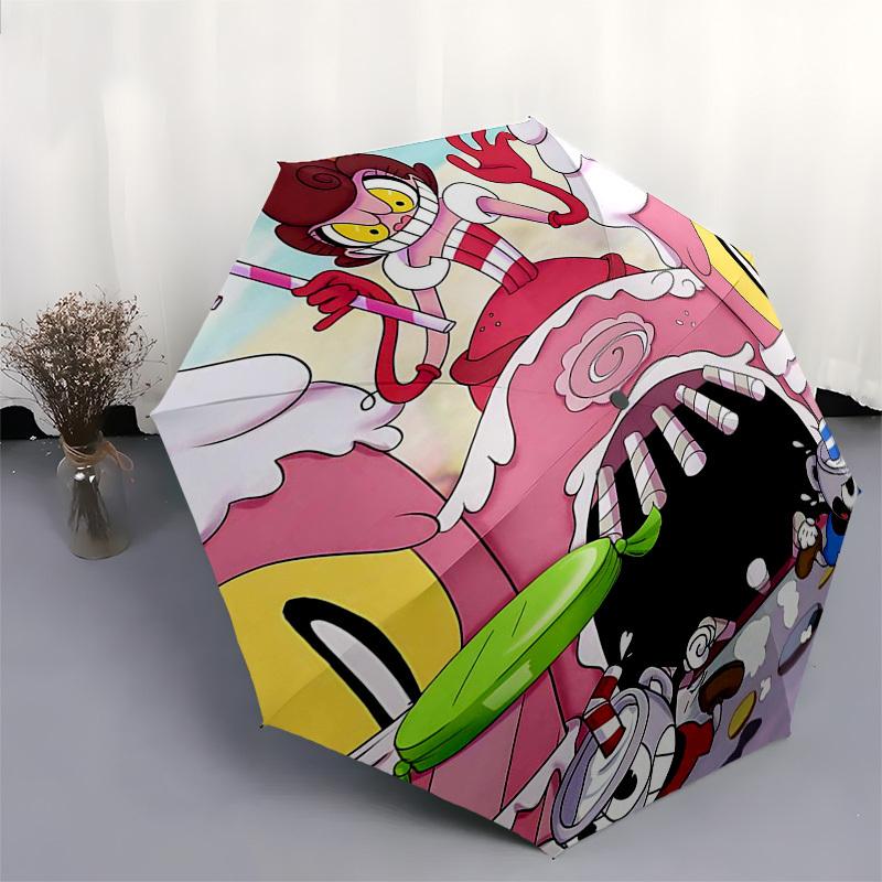 1 stuks Pink Panther & Cuphead Buitenparaplu - Automatische Open-/Sluiting, Draagbaar 3-Vouws Ontwerp met 8-Ribben IJzeren Frame - Perfect Cadeau voor Fans, Reizen