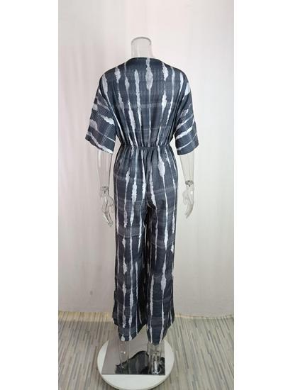 2025 Women's European & American V-Neck Tie-Up Jumpsuit - Sexy Loose Autumn Wear, 3/4 Sleeves.